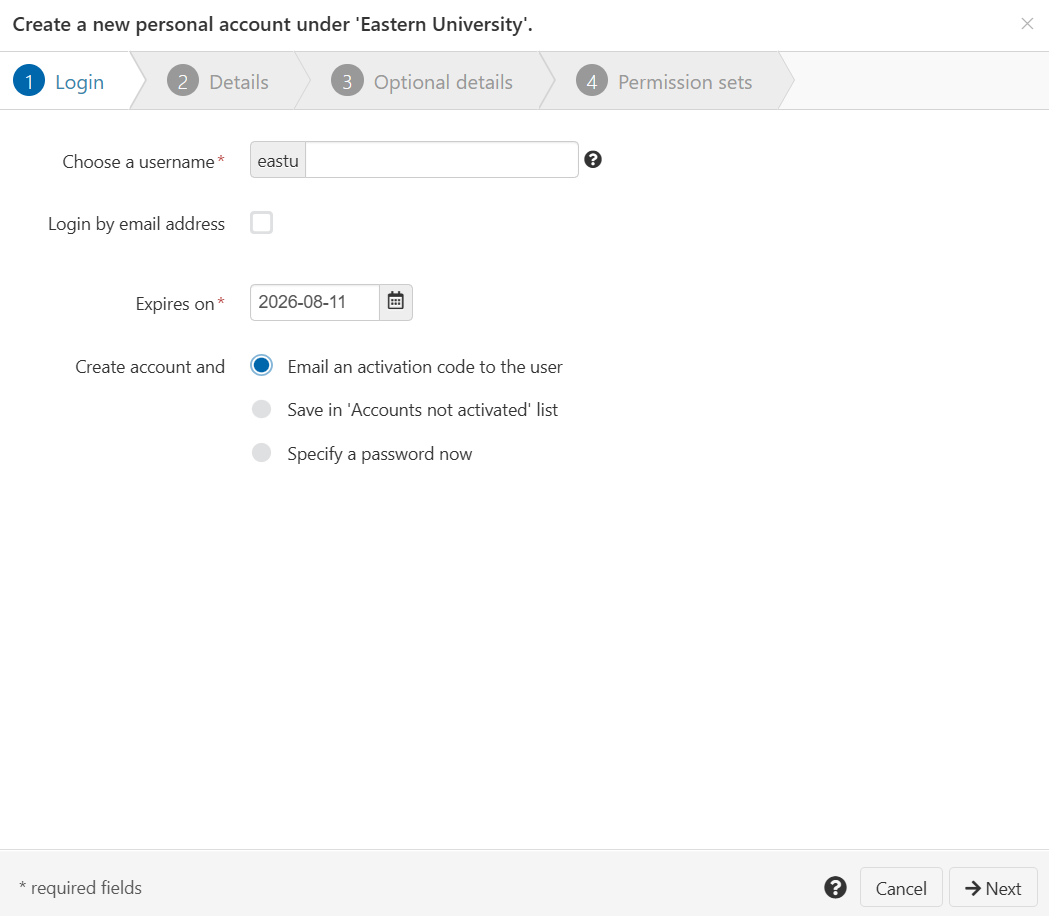 Login tab of the 'Create a new personal account' wizard. There is a text field, 'Choose a username', in which the account prefix is pre-loaded. This is followed by a check box, 'Login by email address', and a date field labeled 'Expires on'. Then there is a set of options, 'Create account and...', which can be set to 'Email an activation code to the user' (selected), 'Save in accounts not activated list' or 'Specify a password now'. At the bottom of the screen are buttons labeled 'Next' and 'Cancel'.