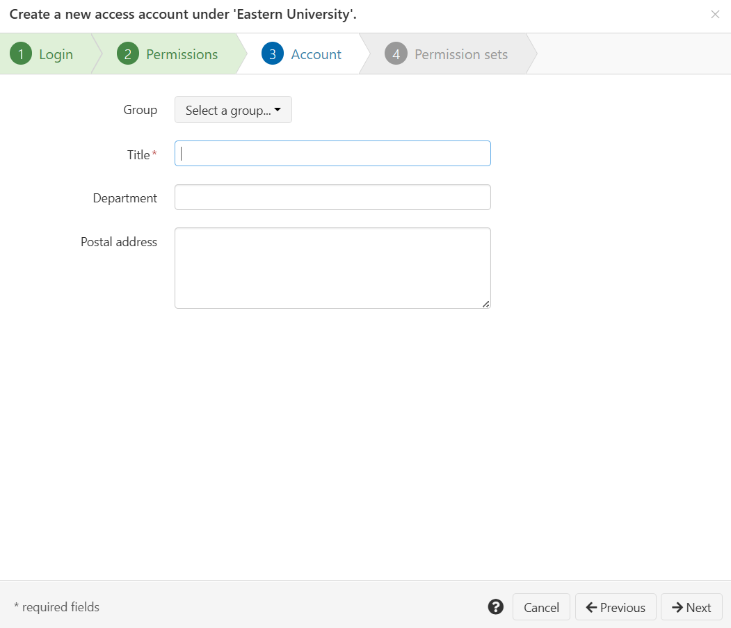 Account tab of the 'Create a new access account' wizard. It contains a drop-selector labeled 'Group' and three text fields - 'Title', 'Department (optional)' and 'Postal address (optional)'. At the bottom of the screen are buttons labeled 'Next', 'Previous' and 'Cancel'.