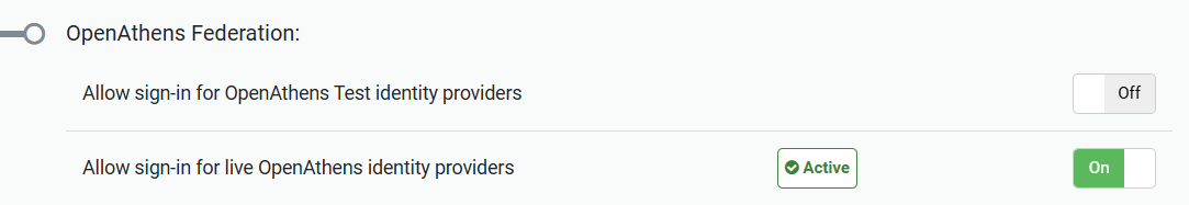 Subsection of the Details tab headed 'OpenAthens Federation. It has two settings, 'Allow sign-in for OpenAthens Test identity providers' and 'Allow sign-in for live OpenAthens identity providers'. Beside each setting is a switch that can be set to 'On' or 'Off'.