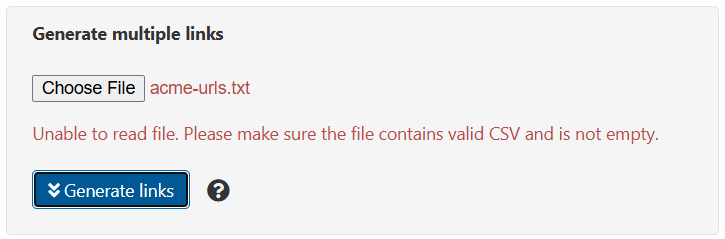 Error message displayed beneath the 'Choose File' button. The message reads, 'Unable to read file. Please make sure that the file contains valid CSV and is not empty.'