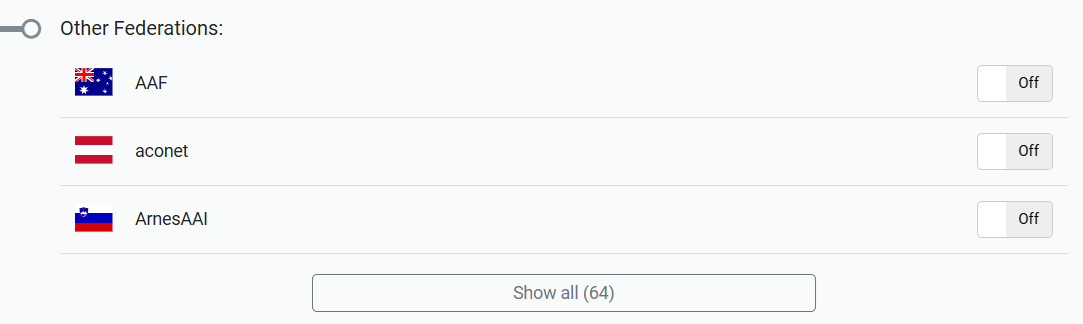 Subsection of the Details tab headed 'Other Federations'. It shows a list of three federations, in alphabetical order, followed by a 'Show all' button. Beside the name of each federation is a switch that can be toggled 'On' or 'Off'.