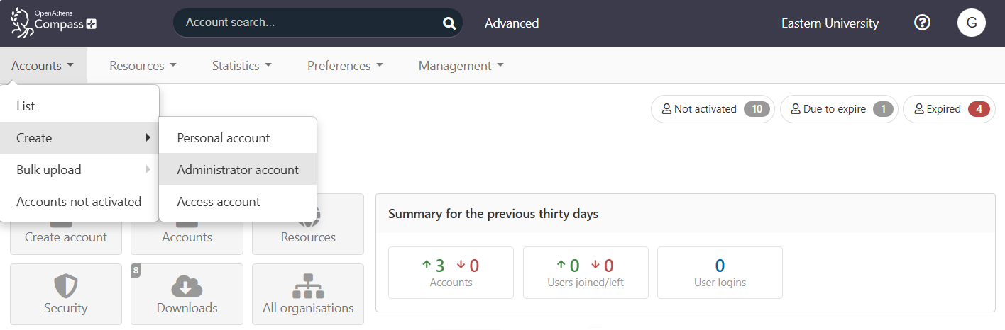 Home page of the Compass admin area. In the main menu, the top-level option 'Accounts' is expanded to show a submenu - 'List', 'Create', 'Bulk upload' and 'Accounts not activated'. The option 'Create' is expanded to show a further submenu, containing the options 'Personal account', 'Administrator account' and 'Access account'.
