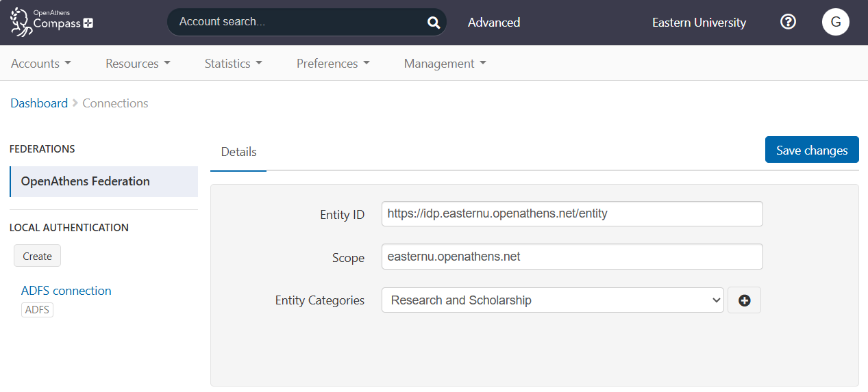 Main Connections page. In the left sidebar, under the subheading 'Local authentication', are a 'Create' button and a list of existing local connections.