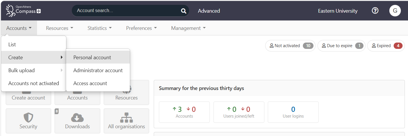 Home page of the Compass admin area. In the main menu, the top-level option 'Accounts' is expanded to show a submenu - 'List', 'Create', 'Bulk upload' and 'Accounts not activated'. The option 'Create' is expanded to show a further submenu, containing the options 'Personal account', 'Administrator account' and 'Access account'.