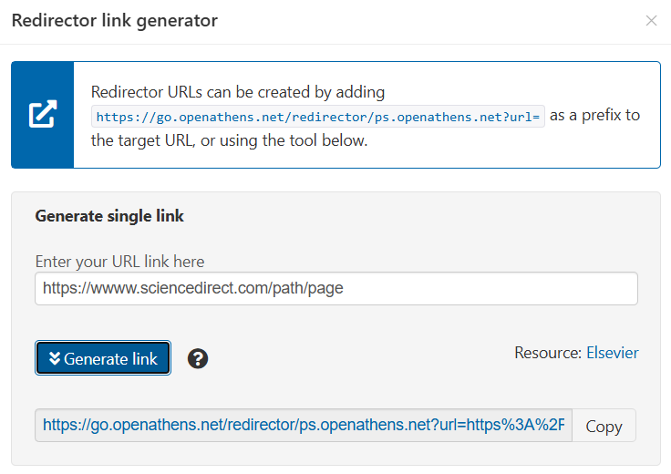 Redirector link generator pop-up. A URL has been entered in the field 'Enter your URL link here'. Following the 'Generate link' button, a text field displays the generated link, consisting of the redirector prefix followed by an encoded version of the submitted URL. Beside this field is a 'Copy' button.