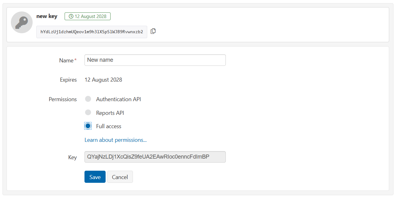 Listing for an existing key, followed by a form for editing the details of the key. The 'Name' field is set to 'New name'. 'Permissions' is set to 'Full access'. The 'Key' field, containing the automatically generated key value, is not editable. At the bottom of the form are 'Save' and 'Cancel' buttons.
