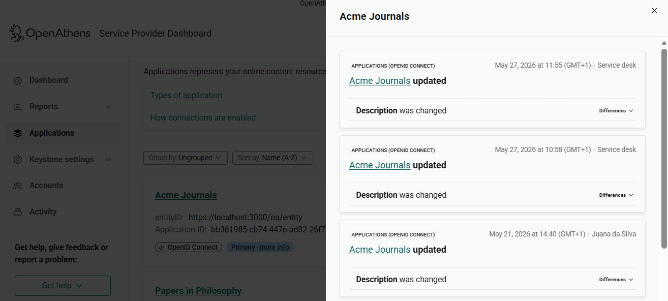 List of changes to an application called 'Acme Journals'. Each entry gives the date of the change, the action that took place (for example, 'Description was changed') and the user who made the change. At the bottom right of each entry is a control labeled 'Differences'.