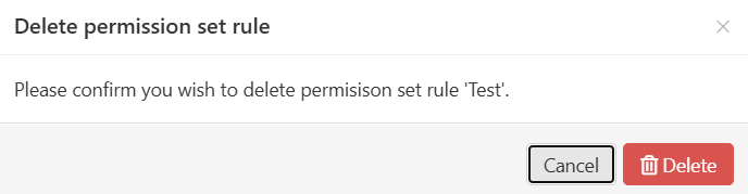 Dialog pop-up titled 'Delete permission set rule'. A message reads, 'Please confirm you wish to delete permission set rule 'Test'.' There are buttons marked 'Delete' and 'Cancel'.