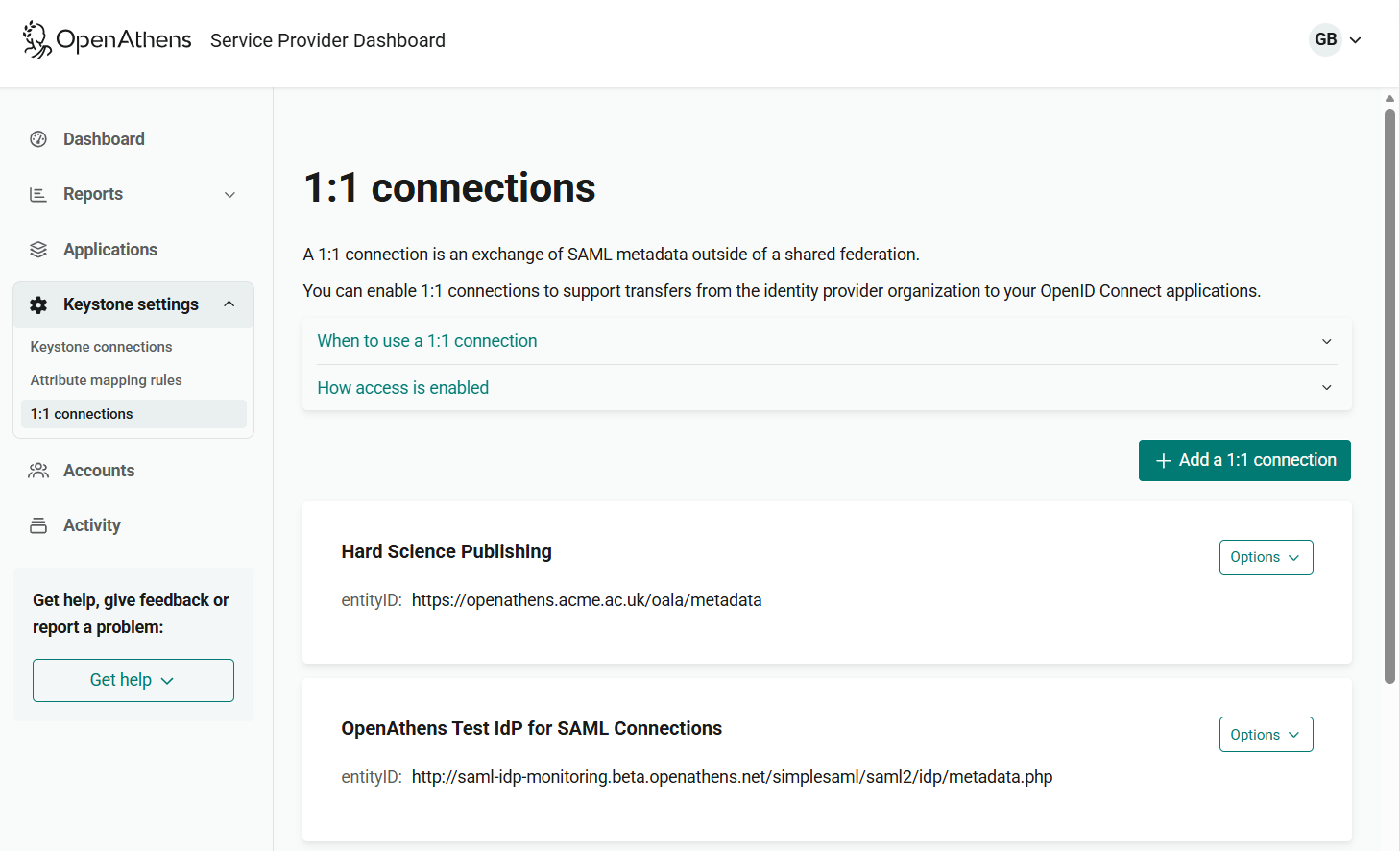 1-to-1 connection page, showing a list of entities with existing connections. Beside the name of each entity is a drop-down menu labeled 'Options'. At the top of the page is general advisory text and additional help.There is also a button labeled 'Add a 1 to 1 connection'.