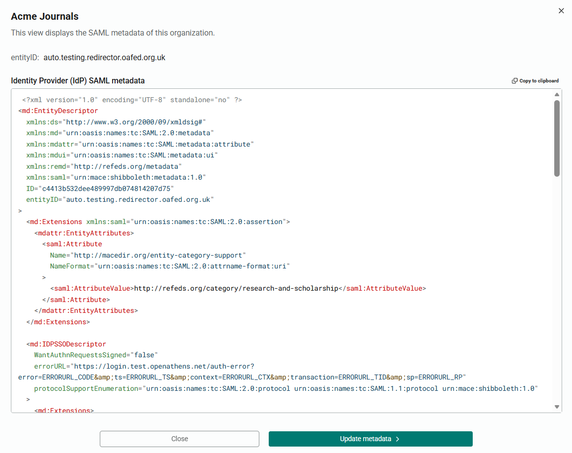 Pop-up window titled 'Acme Journals - This view displays the SAML metadata of this organization.' The entityID is followed by the full 'Identity Provider SAML metadata' certificate in XML. There are controls labeled 'Copy to clipboard', 'Close' and 'Update metadata'.
