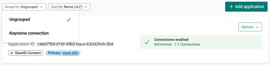 'Group by' drop-down menu at the top of the list of applications. It is open to show two options, 'Ungrouped' and 'Keystone connection'. The option 'Ungrouped' is displayed with a tick.