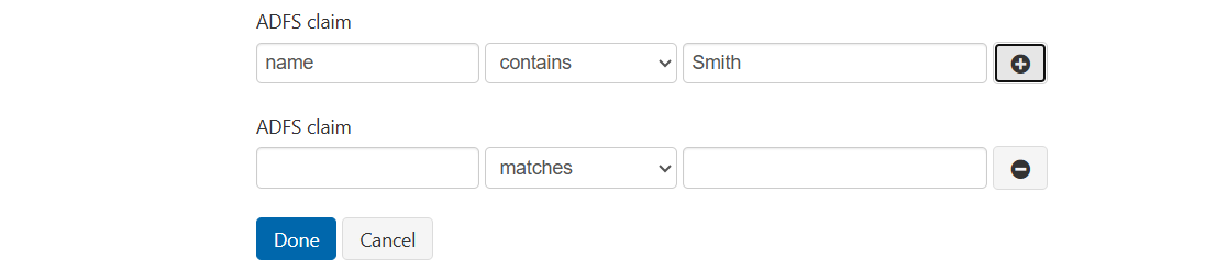 Create rule interface showing a second, blank set of fields beneath the 'name contains Smith' condition. Following these fields is a button marked with a minus sign. Finally, there are 'Done' and 'Cancel' buttons.