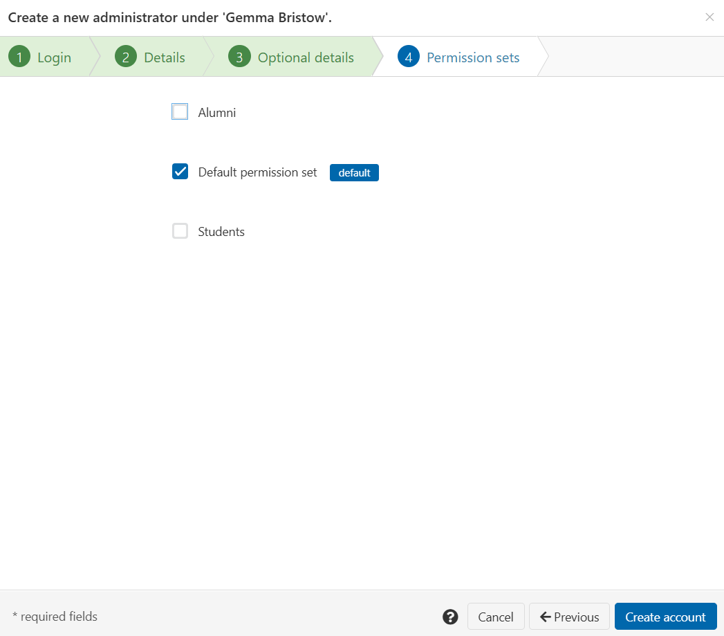 Permission sets tab of the 'Create a new administrator' wizard. There is a list of three permission sets, each with a check box that can be ticked or unticked. The second permission set, marked as default, is ticked. At the bottom of the screen are buttons labeled 'Create account', 'Previous' and 'Cancel'.
