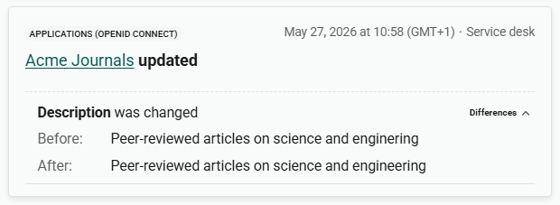 Entry for a change to an application's description. The 'Differences' section is expanded, showing the text of the description before and after the change. We can see that a typo was corrected.