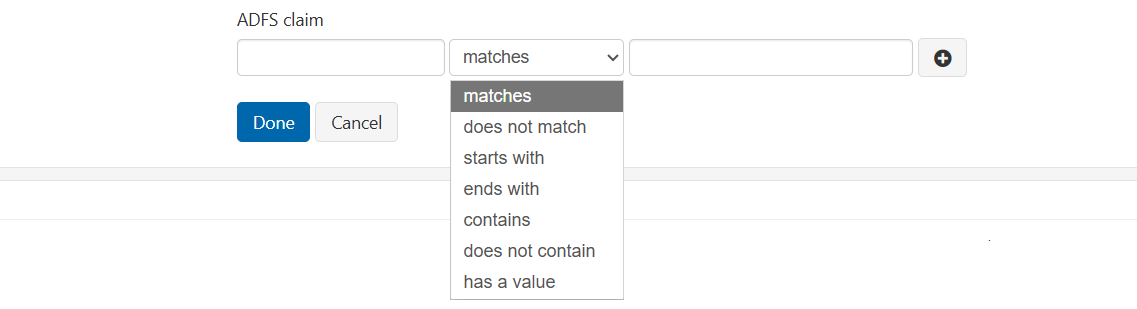 Drop-down selector with the default value of 'matches', expanded to show the full list of options.
