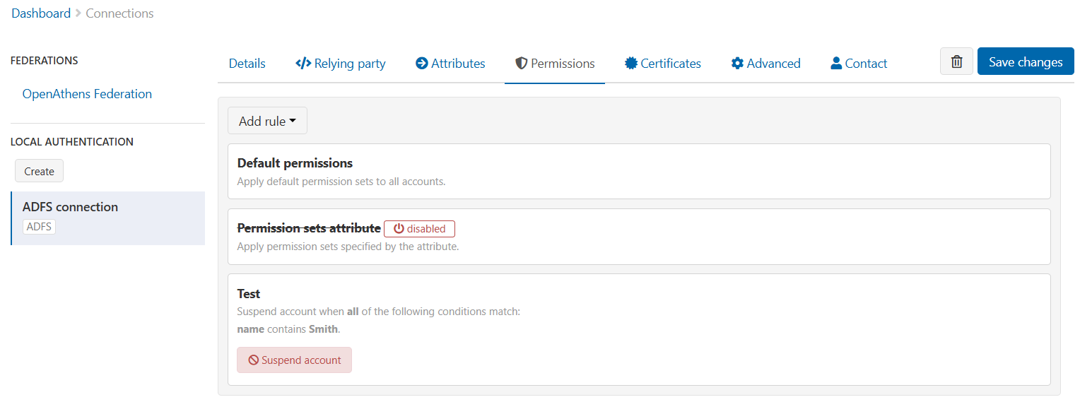 Permissions tab for the connection called 'ADFS connection'. Following the existing rules, there is a new rule called 'Test'. This rule is described as 'Suspend account when all of the following match - name contains Smith'. Following this is a label that reads 'Suspend account'.