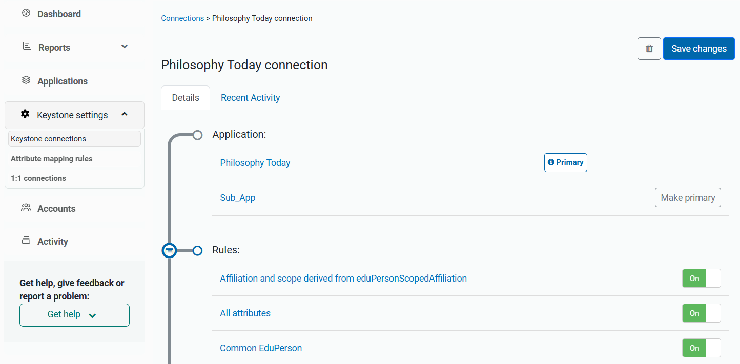 Details tab of a connection called 'Philosophy Today connection'. The top part of this long page is visible, showing the sections 'Application' and 'Rules'. In the top right corner is a 'Save changes' button.
