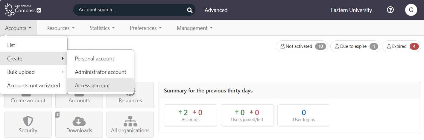 Home page of the Compass admin area. In the main menu, the top-level option 'Accounts' is expanded to show a submenu - 'List', 'Create', 'Bulk upload' and 'Accounts not activated'. The option 'Create' is expanded to show a further submenu, containing the options 'Personal account', 'Administrator account' and 'Access account'. 'Access account' is highlighted.