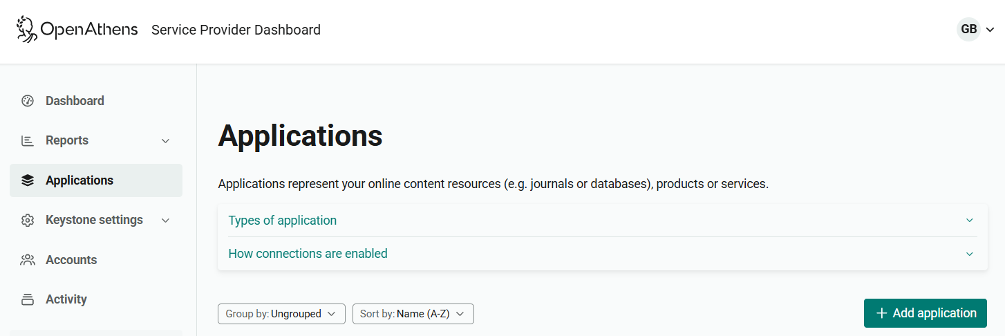 Main applications page. Following the page title and intro text is a button labeled 'Add application'.