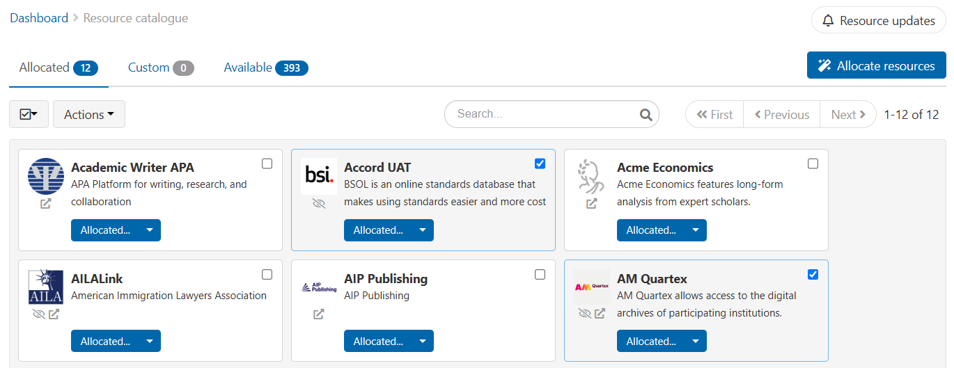 Resource catalogue, open at the default 'Allocated' tab. Six resource cards are visible on the screen. Three of these are marked as hidden. Two have been ticked. Above the list of resources is a drop-down menu labeled 'Actions'.