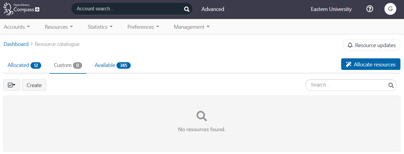 Custom tab of the resource catalogue. The main content area currently displays the message 'No resources found'. There are buttons labeled 'Create' and 'Allocate resources'.
