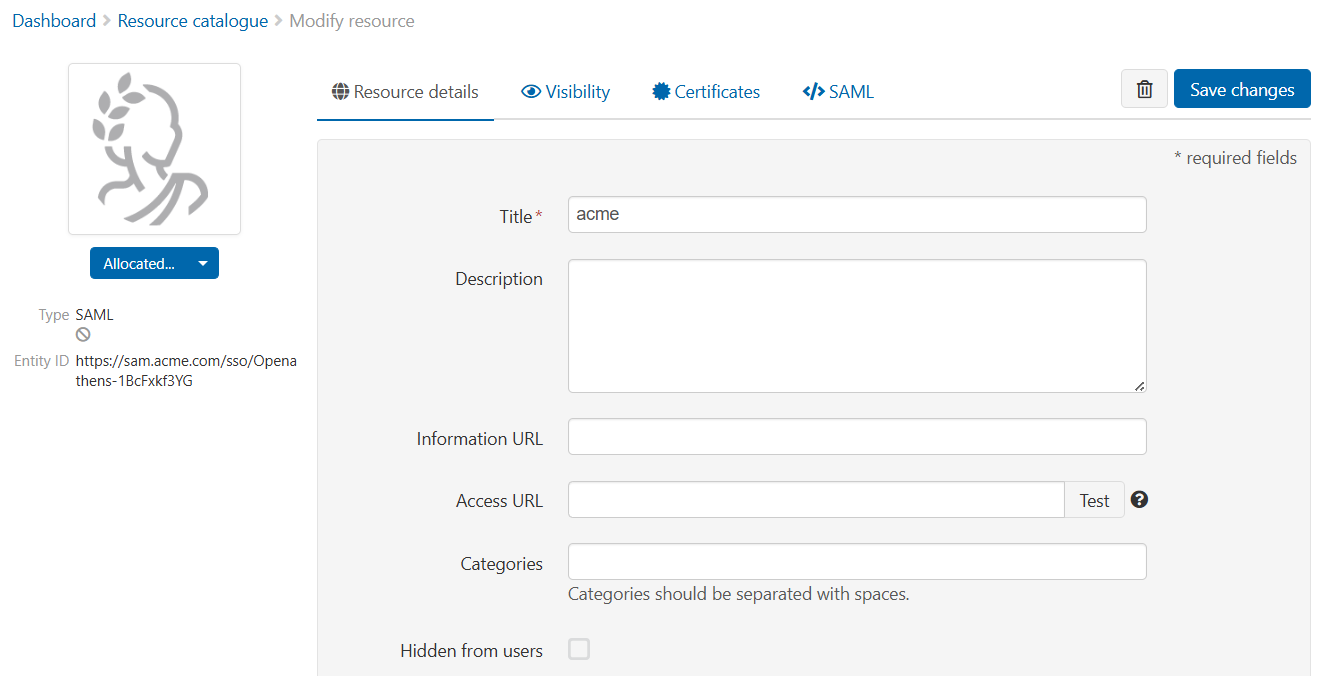 Details of a custom SAML resource called 'Acme'. The left sidebar displays a default logo, a status selector (set to 'Allocated'), the type of the resource ('SAML') and the entityID. The main content area has four tabs - 'Resource details' (currently open), 'Visibility', 'Certificates' and 'SAML'. The 'Resource details' tab contains the fields 'Title', 'Description', 'Information URL', 'Access URL' and 'Categories', and a checkbox labeled 'Hidden from users'. At the top right is a 'Save changes' button.