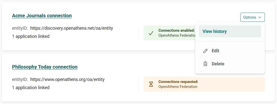 Options menu for a connection called 'Acme Journals connection', open to show the options 'View history', 'Edit' and 'Delete'. 'View history' is highlighted.