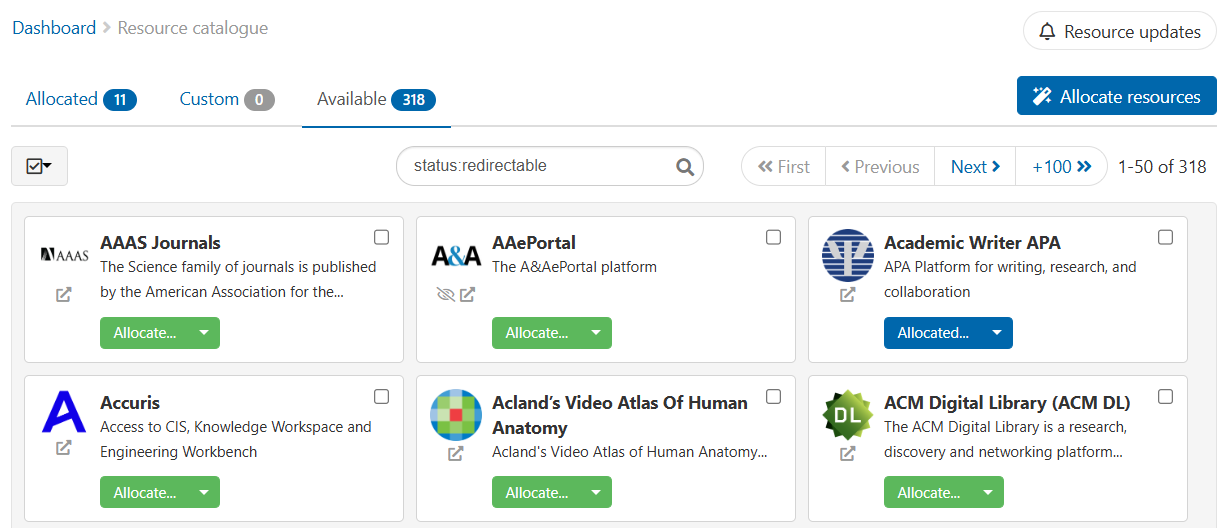 Resource catalogue, filtered to show resources with the 'redirectable' status. The search field above the list shows the search query 'status colon redirectable'.