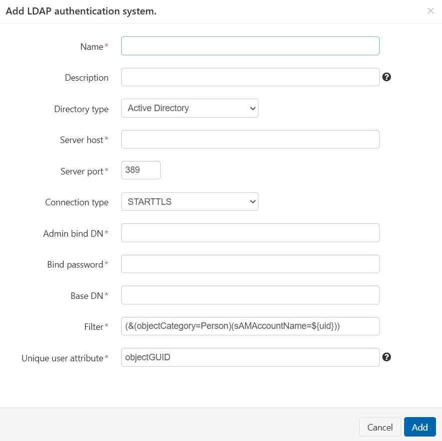 Pop-up window titled 'Add LDAP authentication system'. It contains the editable fields 'Name', 'Description', 'Directory type', 'Server host', 'Server port', 'Connection type', 'Admin bind DN', 'Bind password', 'Base DN', 'Filter' and 'Unique user attribute'. At the bottom of the window are buttons marked 'Add' and 'Cancel'.