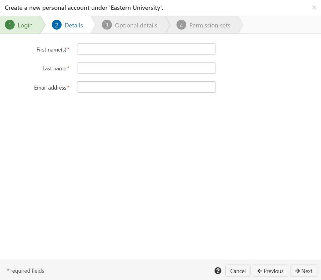 Details tab of the 'Create a new personal account' wizard. There are three text fields, all marked as mandatory - 'First names', 'Last name' and 'Email address'. At the bottom of the screen are buttons labeled 'Next', 'Previous' and 'Cancel'.