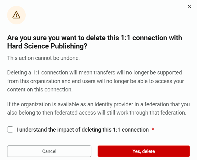 Pop-up dialog titled 'Are you sure you want to delete this 1 to 1 connection with Hard Science Publishing'. Following advisory text that warns of the results of deleting a connection, there's a check box labeled 'I understand the impact of deleting this 1 to 1 connection'. At the bottom of the window are buttons marked 'Yes, delete' and 'Cancel'.
